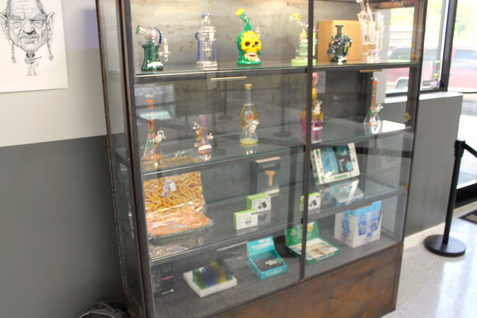 Glass display cases inside the lounge